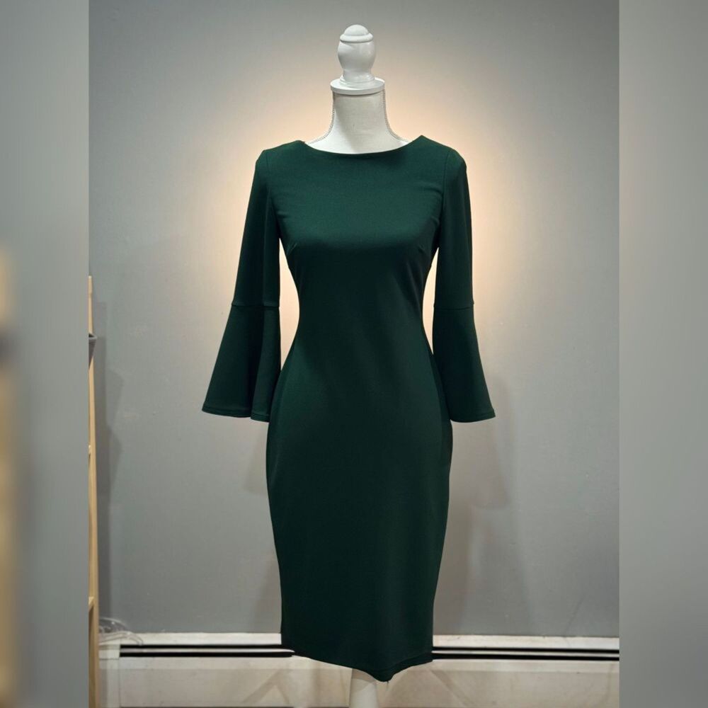 Deep Green Calvin Klein Bell Sleeve Pencil Dress Size 2 VGUC